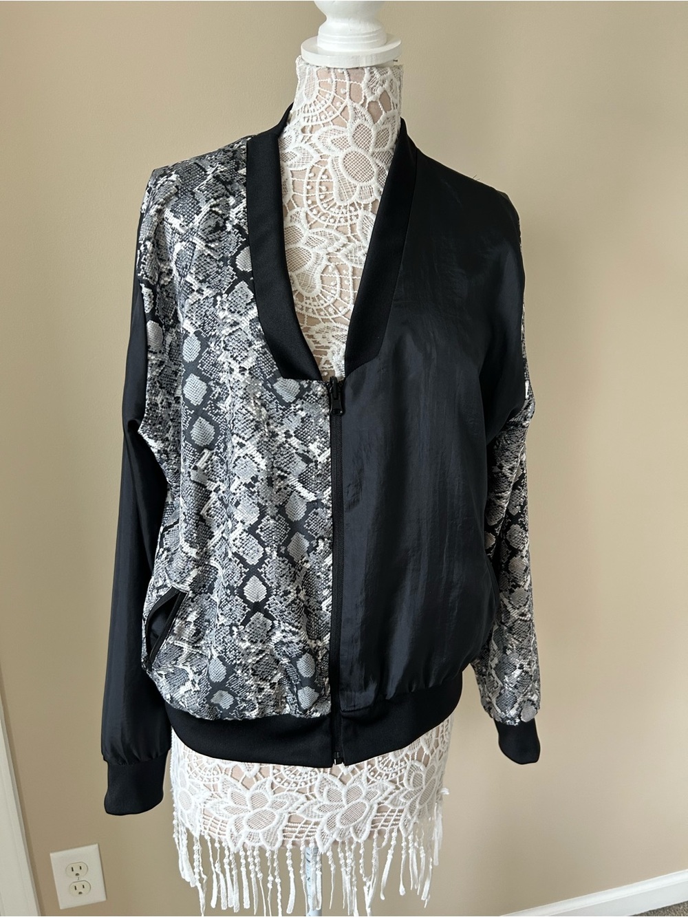 Black Snake-Print Contrast Bomber Jacket